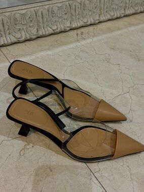 Zara Tan Pointed Toe Clear Strap Slingback Mules
